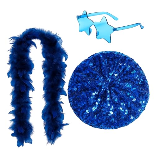 JazRvr Federboa Blau, Baskenmütze Damen, 3er-Set mit Sternenbrille, Federkappe und Glitzerbarett für Hochzeit, Mardi Gras, Karneval, Party