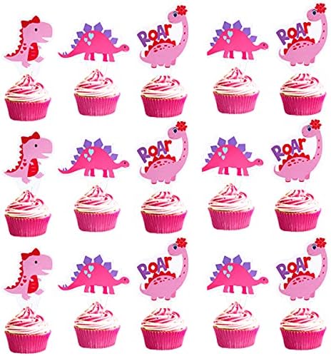 48pcs Pink Dinosaur Cupcake Toppers Baby Shower Birthday Decorations for Girl Dinosaur Party Supplies Dinosaur Cake Topper