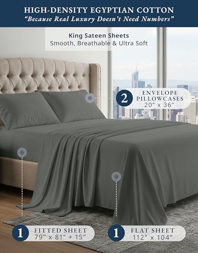 Image of LANE LINEN Rest Sheets Cooling Set King Egyptian Cotton Sateen - Dark Grey | 100% Cotton King Size Sheets - 4-Piece Set, For Guests And Everyday Use, For A Silky Hotel-Style Bed, Luxe Sheen