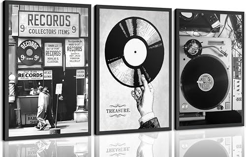3Pcs Retro Music Poster Wall Art Fashion Black And White Photography Preppy Vinyl Record Store Painting Picture Wall Decor Bar Rock Music Lovers Print Artwork for Recording Studio Club Home Decoration
