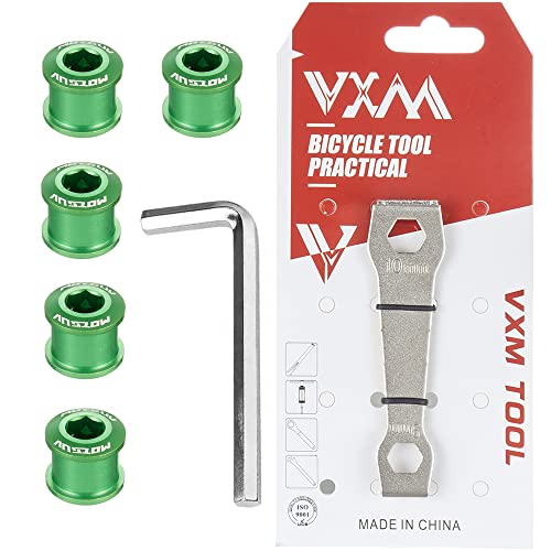 Uleeso Chainring Bolts, 5 Pcs Aluminum Alloy Single/Double Mtb Disc Chainwheel Bolts, With 1 X Allen Wrench Hex, 1 X Chainring Nut Wrench Tool (Green, Single) #TOP6