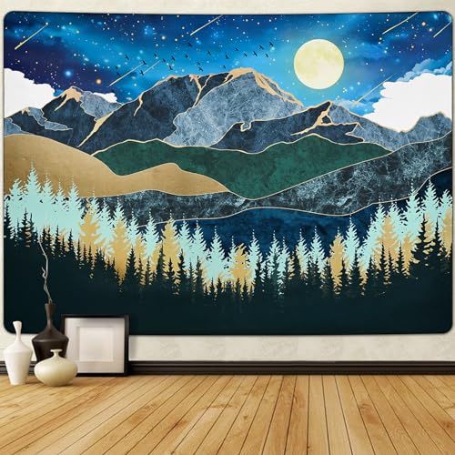 Krelymics Mountain Tapestry Nature Forest Tapestry for Bedroom Aesthetic Moon Starry Night Tapestries Teal Blue Landscape Tapestry Wall Hanging for Living Room Dorm(51.2 x 59.1 inches)