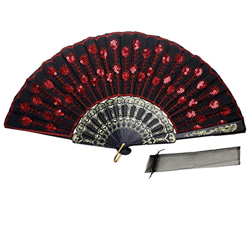 Newstarfactory Peacock Feather Red Sequins Design Black Plastic Folding Hand Fan