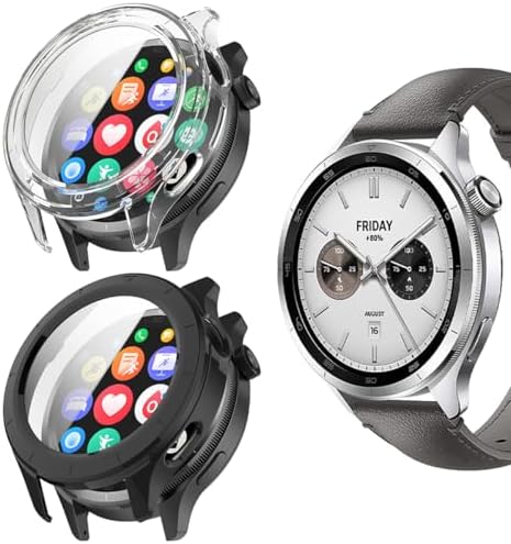 2 Pack PC Case Compatible for Xiaomi Watch S4 With Tempered Glass Screen Protector, Full Coverage Hard PC Shockproof Protective Cover, Black+Transparent