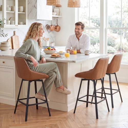 Image of Zesthouse Swivel Counter Height Stools Set of 2, Modern Upholstered Barstools with Backs, 26'' Faux Leather High Chairs for Island Kitchen, Counter Height Chairs with Metal Legs, Brownish-Orange