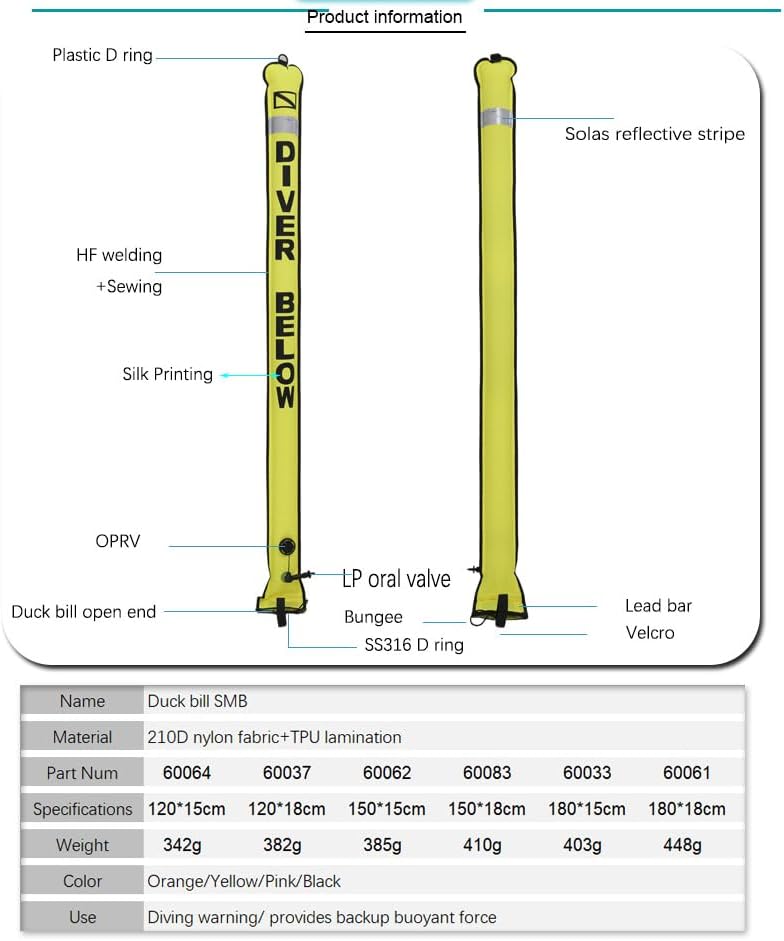 5ft Scuba Diving Open Bottom Surface Marker Buoy (SMB) with 49ft Finger Spool Alloy Dive Reel and Double Ended Bolt Clip