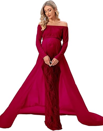 Miniatura 3 de ZIUMUDY Vestido de sesión de fotos de maternidad de manga larga con hombros descubiertos, vestido de encaje ajustado con capa larga de gasa trian