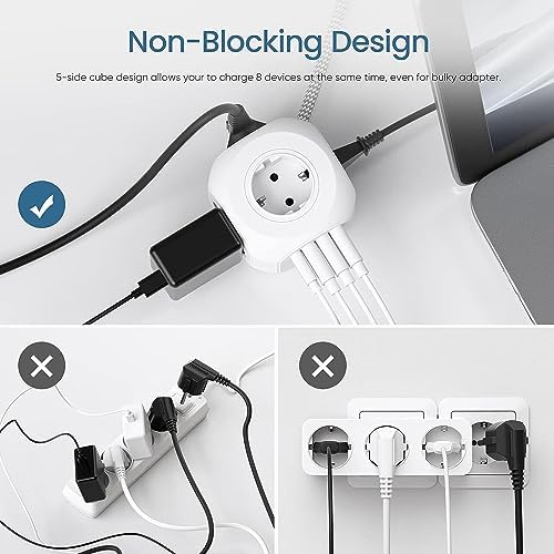LENCENT Cube Listwa zasilająca 3M z 4 gniazdami sieciowymi, 3 USB i 1 typem C, przedłużacz elektryczny ochrona przeciwprzepięciowa dla rodziny, kuchni i biura