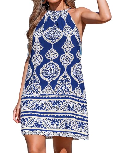 CUPSHE Damen Boho Minikleid Neckholder Ärmellos Paisley Self Tie Back Sommer Casual Strandkleid, Blau, Mittel