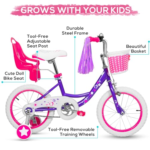 Image of WEIZE Girls Bike for 3-12 Years Old Kids, 14 16 20 Inch Kids Bike with Training Wheels, Streamers, Basket and Doll Seat, Children Bicycles with Coaster Brake, Multiple Colors