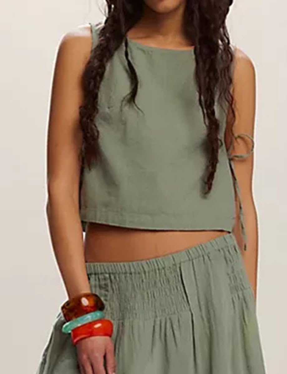 Cotton Linen Crop Top for Women Summer Tank Tops Sleeveless Split Tie Side Boxy Cropped Casual Loose Going Out Vest - Image 3