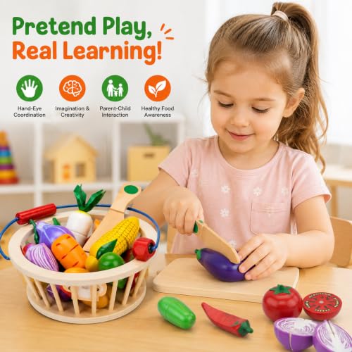 Image of Wooden Magnetic Vegetable Cutting Toys for Kids 3+ Years, Pretend Play Kitchen Food Set with Basket & Wooden Knife, Montessori Learning Toy, Educational Gift for Boys & Girls