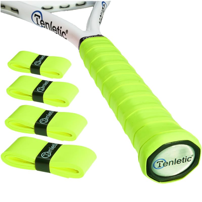 Tenletic GlowTack Racket Overgrip Tape – Bright Yellow – 4-Pack – 0.60 mm Thickness – for Tennis, Squash, Badminton, Padel and Other Racquet Sports