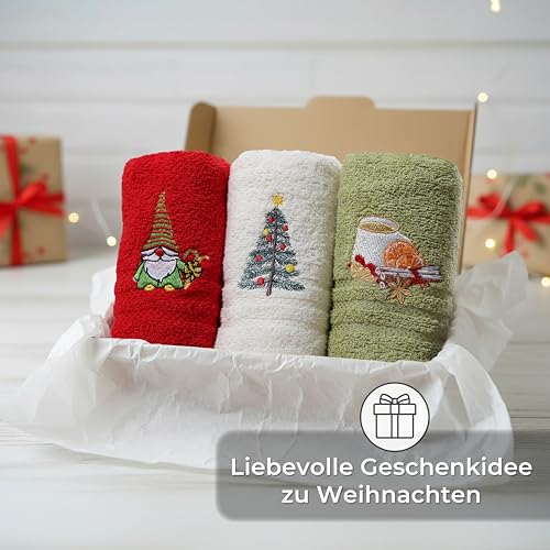 LAYNENBURG 3er-Set Gästehandtücher Weihnachten 30 × 50 cm – 100 % Baumwolle - weihnachtliches Design – kleine Frottee Xmas Handtücher klein für Gäste-WC (Männchen)