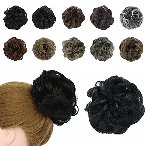 Messy Hair Bun Scrunchies Wavy Curly Synthetic Hair Extensions Donut Chigons Updo Hairpieces (Natural Black, 2)