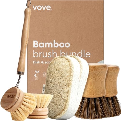 Vove Cleaning Essentials Set – Bamboo Dish Brush with Replacement...