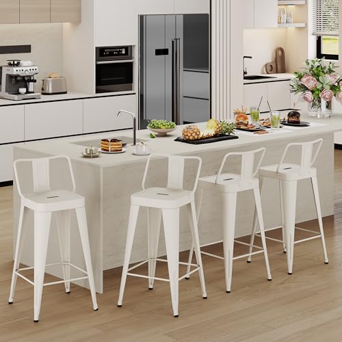 Andeworld Bar Stools Set of 4 Counter Height Stools Industrial Metal Barstools with Backrests (24 inch, Off White)