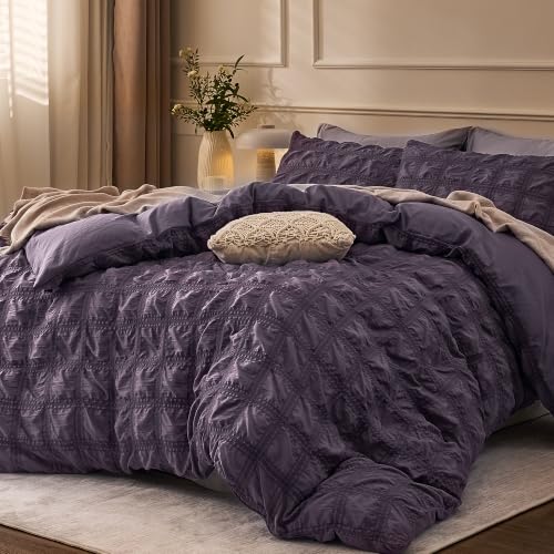 Image of JELLYMONI Seersucker Duvet Cover Set Queen, 3pcs Purple-Grid Polyester | In Master Bedroom, Couples Pick, Crinkled Texture, Oeko-Tex Certified, 8 Corner Ties & Hidden Zipper