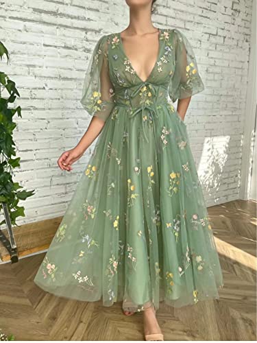 Image of Women's Puffy Sleeve Prom Dresses Fair Flower Embroidery Tulle Green Formal Evening Party Gowns