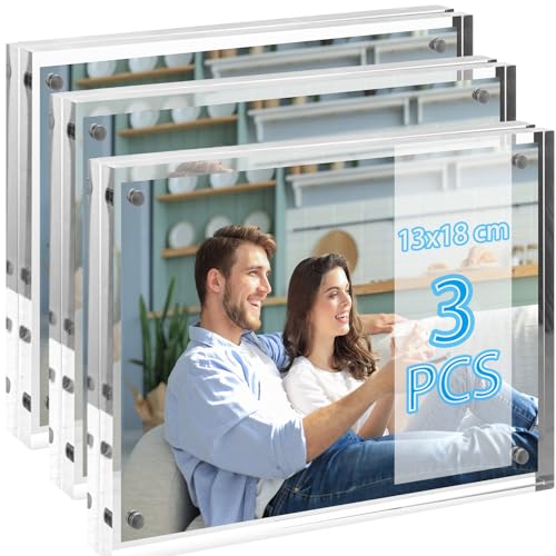 Oungy Lot de 3 cadres photo en acrylique - Double face - 13 x 18 cm - Magnétique - Transparent - Sans cadre - Magnétique - En format portrait ou paysage -...