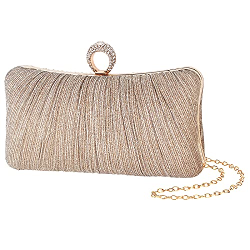 Image of iwish Womens Golden Glitter Clutch Purse Pleated Evening Bag for Bridal Wedding Party with Rhinestone Ring