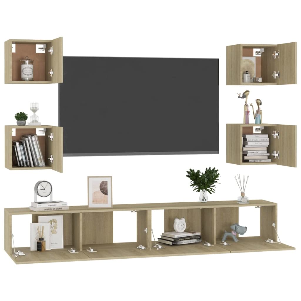 6-TLG. TV-Schrank-Set Sonoma-Eiche Holzwerkstoff, Wandmontage, Modernes Media-Center für Wohnzimmer, Schlafzimmer, 100x30x30 cm