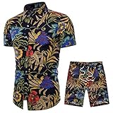 Men Shirt Beach Shorts 2 Piece Outfit Summer African Floral Print Button Down Shirts and Trunks Casual Tracksuit(Black2,XXXL)