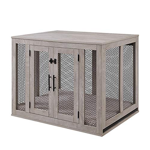 unipaws Furniture Style Dog Crate with Cushion and Tray, Mesh Dog Kennels with Double Doors, End Table Dog House, Medium and Large Crate Indoor Use (Large, Grey)