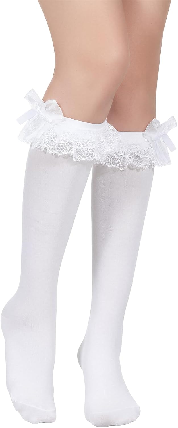 AHQiZFX Women's Knee High Socks, Bow and Ruffle Lace Trim Design, Long Dress Stockings for Girls and Teens, Size 5-9, White