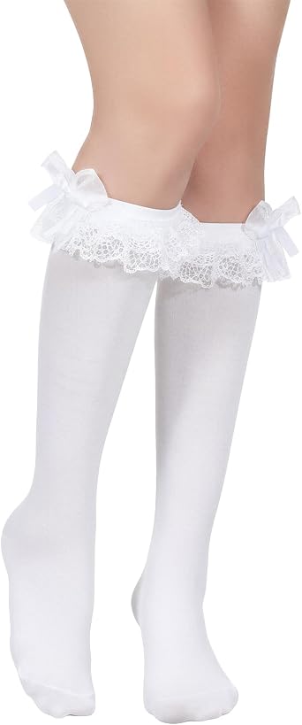 AHQiZFX Womens Knee High Socks, Bow and Ruffle Lace Trim Design, Long Dress Stockings for Girls and Teens, Size 5-9, White