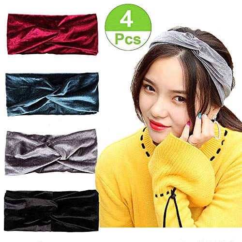 Jasonsy Headband for Women,Vintage Velvet Elastic Cross Head Wrap Stretchy Hairband,Yoga Running Sports Hairband for Women and Girls(4 Pack)