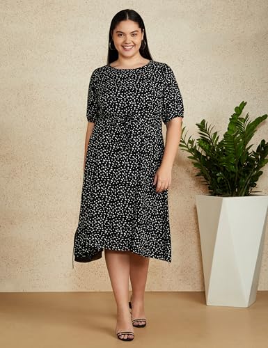 Image of Amazon Brand - Symbol Women Rayon Fit and Flare One Piece Midi Length Dress (with Self Fabric Belt) (Available in Plus Sizes)