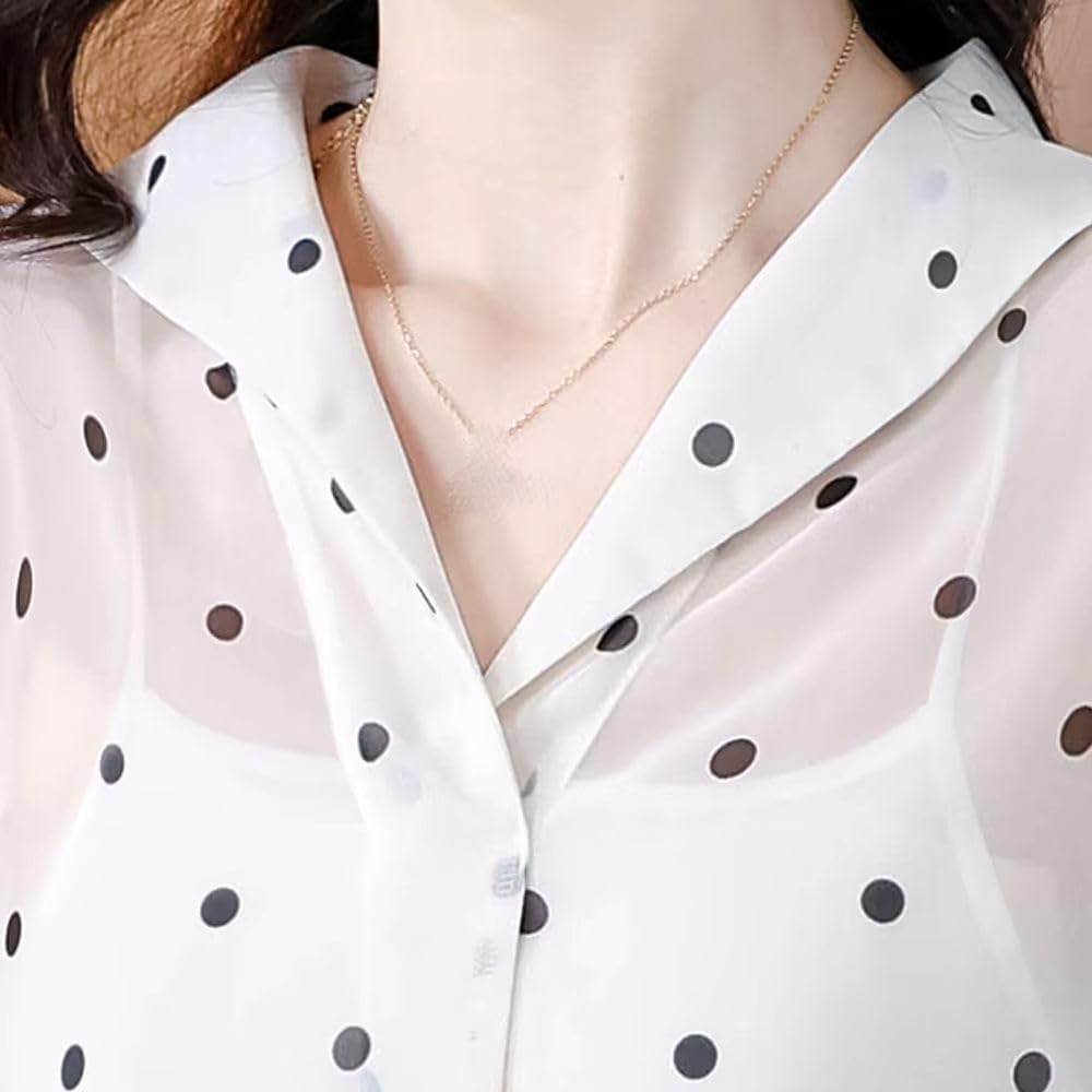 Women's Summer Elegant Transparent Chiffon Blouse Shirt Half-Sleeve Polka Dot Printed Casual Top