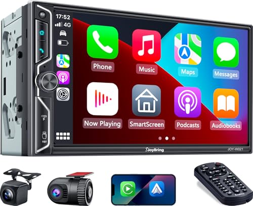 SJoyBring 7' QLED Double Din Car Stereo Compatible with Wireless Apple CarPlay & Android Auto, 240W 4.2CH Dual Subwoofer Out, Dash Cam & Backup Camera Included, Bluetooth, Mirrorlink, FM/AM Car Radio