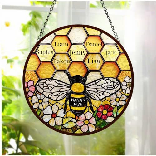 Personalized Nana’s Hive Stained Glass Suncatcher – Bee Hive Ornament with Grandkids’ Names – Mother's Day or Birthday G