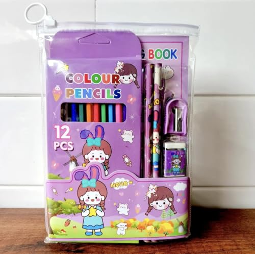 Image of Pack of 6 Colorful gift Set - Cartoon-Themed Stationery with colour Pencils, Sharpener, Eraser, and coloring book. Birthday returns gifts for kids party in bulk (Design 6)
