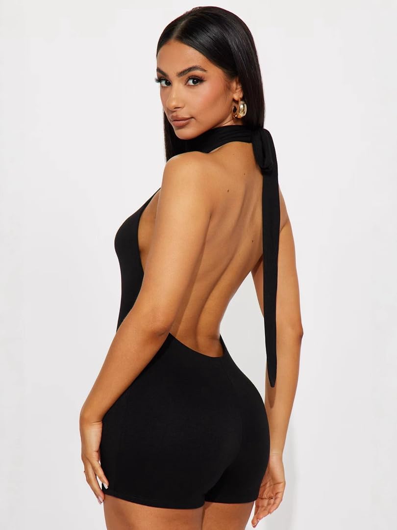 THLAI Sexy Jumpsuit for Women Romper Sleeveless Backless Halter Bodycon Shorts Jumpsuit One Piece Clubwear Night Party Outfit - Image 3