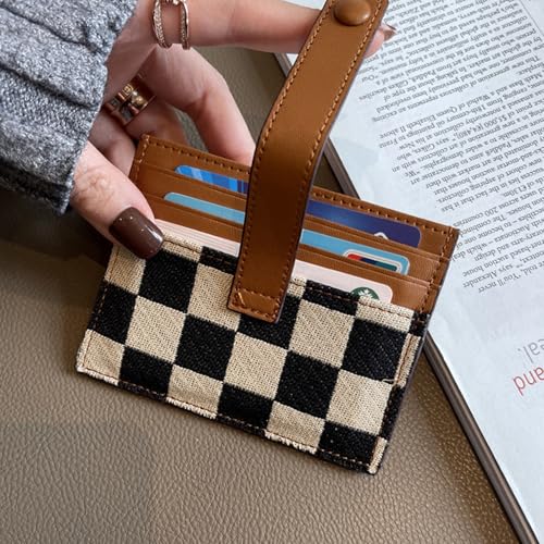 Women's Color Block Plaid Pattern Short Wallet, Snap Button Checkered Bifold Small Card Wallet, Checkered Credit Card Holder (Brown)2