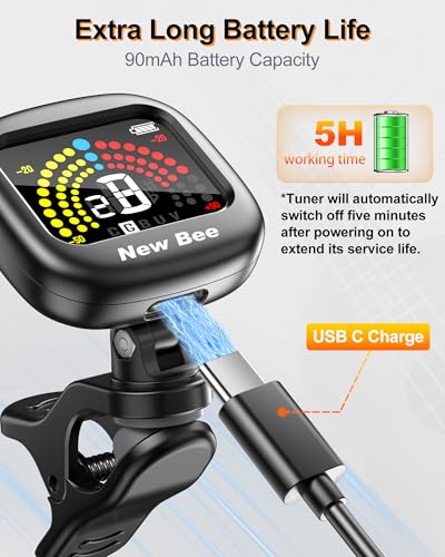 Image of New bee Guitar Tuner Rechargeable, Color Screen Clip On Tuner (Black, 2 Pack) | 360 Rotatable, Fast & Accurate Chromatic Tuning, for Guitar, Bass, Ukulele, Violin, Cello