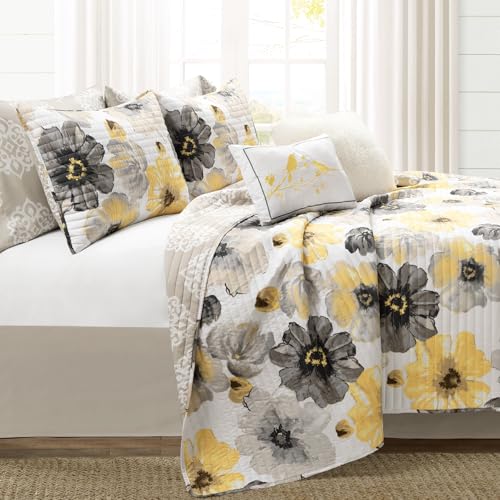 Image of Lush Decor Leah Reversible Floral Quilt Set, 8 Piece Set, Full / Queen, Yellow & Gray - Charming Floral Bedding Set With Pillow Cases, Decorative Throw Pillows & Bed Skirt- Large Watercolor Flowers