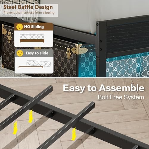Image of Full Size Bed Frame with Upholstered Headboard and 2-Tier Storage Shelves | Metal / Charging Station / LED Lights / Noise Free / No Box Spring Needed / Black