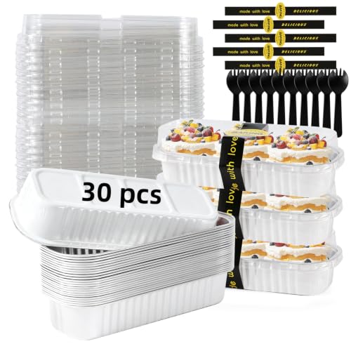 Orlashop 30 Pack Mini Loaf Pans with Lids and Spoons, 6.8 oz White Disposable Cake Pans for Desserts