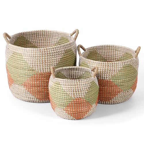 Lot de 3 paniers à linge 55,5 l/27,9 l/15,3 l - En jonc de mer naturel - Grand panier à linge Vietnam - Fabriqué à la main - Avec anses - Organisation pour...