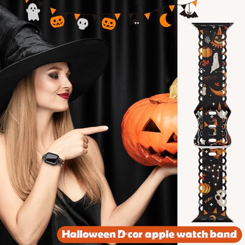 Image of Compatible with Apple Watch Band 41mm 40mm 38mm 49mm 45mm 44mm 42mm Women Girl, Halloween Hollow Soft Silicone Sports Strap For iWatch Ultra SE Series 10 9 8 7 6 5 4 3 2, Skull Pumpkin-42