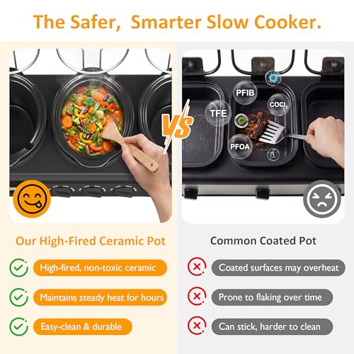 Image of Sunvivi Triple Slow Cooker Buffet Servers and Warmer,3 Pot Food Small Mini Manual Slow Cooker with Adjustable Temp Stainless Steel Lid Rests,Removable Ceramic Pot, 3 * 1.5 Quarts Black