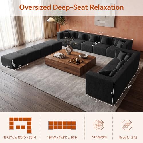 Image of MONVANE Modular Sectional Sofa, Oversized 12 Seat Convertible U Shaped Couch with Ottoman, Comfy Chenille Cloud Couch with Deep Seat, Sectional Couches for Living Room, No Assembly Required, Black