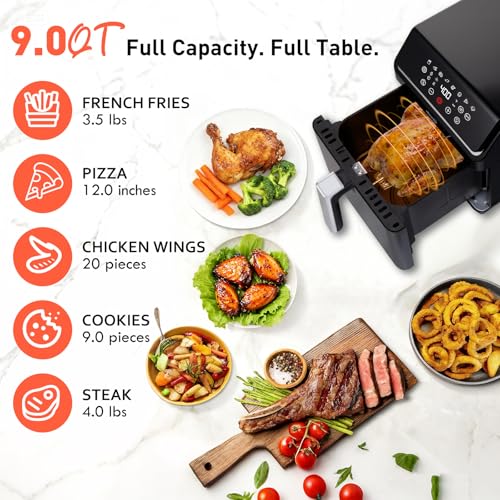 Image of 9.0 QT Air Fryer with Visible Window & Rotisserie Chicken Rack, Large Digital Touchscreen, Precise Temperature Control, Shake Reminder, Easy to Clean Family Air Fryer Oven