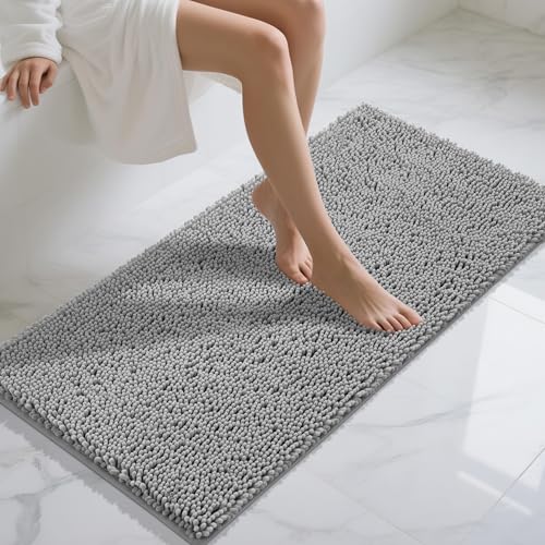 Yimobra Long Bathroom Rugs 47"x24", Extra Soft Non Slip Bath Mat for Tub, Super Absorbent Quick Dry Shaggy Rug Floor Carpet, Machine Washable,Gray