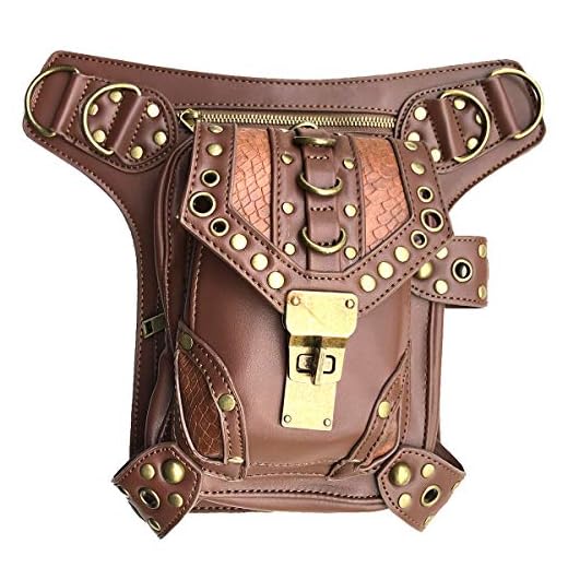 Steampunk Waist bag Fanny Pack Thigh Holster Purse PouchRetro Fashion Gothic Casual Leather Shoulder Crossbody Messenger Bags Punk Rock Travel Hiking Sport Chain Wallet Bag for Women Men (Brown)