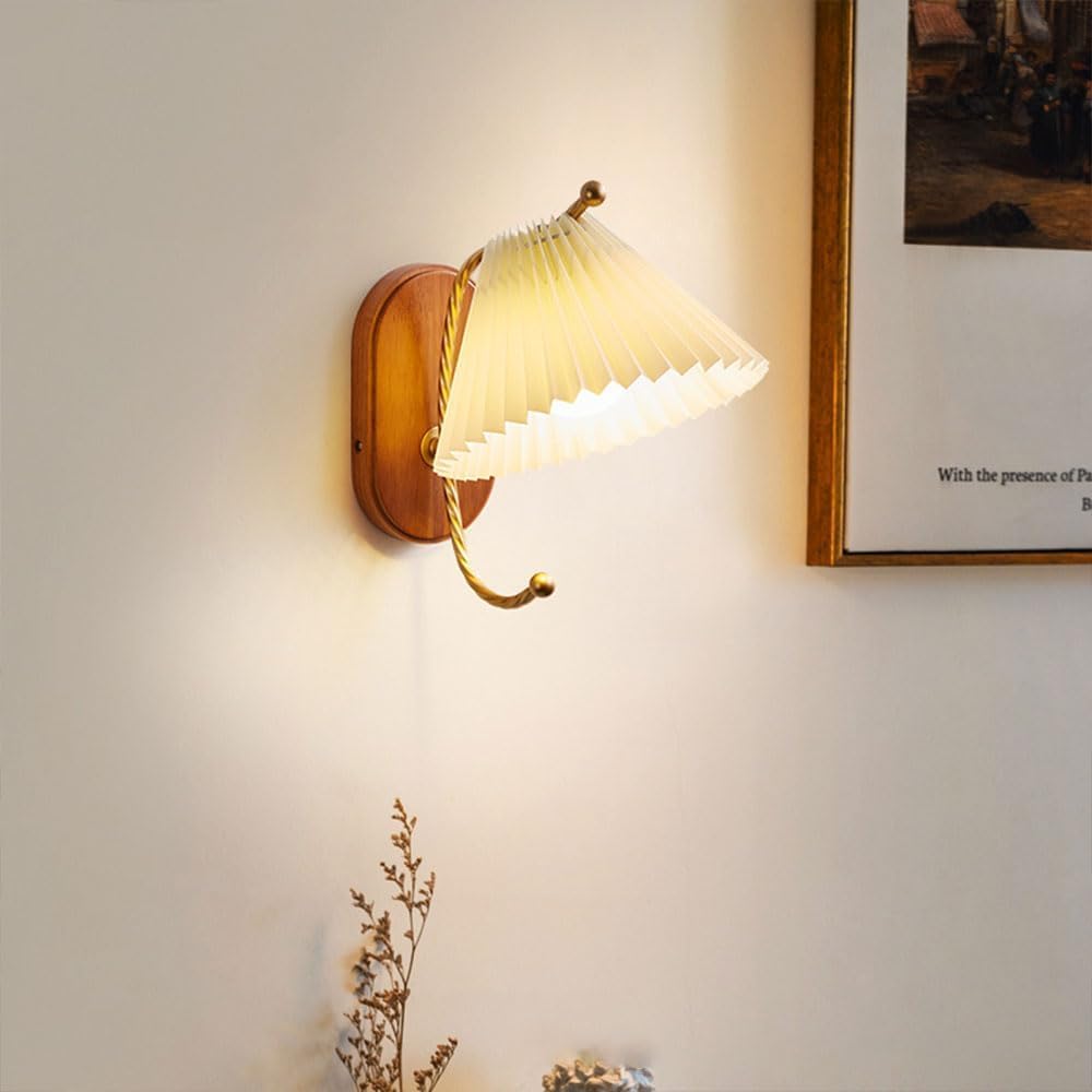 Affittuario amichevole paralume in tessuto plissettato vintage braccio dritto lampada da parete a 1 luce applique da parete in rame con filo metallico lampada da comodino in legno